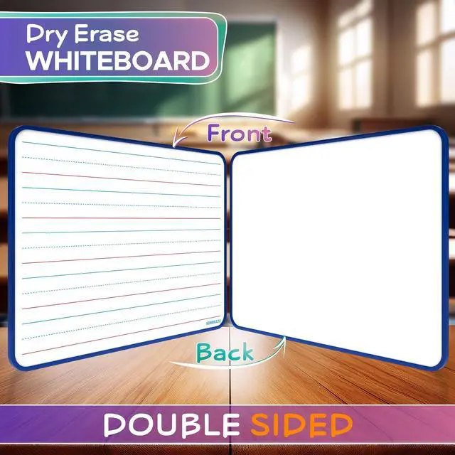 Alt view image 2 of 7 - Magnetic Dry Erase Board, Double Sided 9" x 12" Small White Board, Ruled - Blank Blue Framed Mini Dry Erase Board, Portable Whiteboard for Kids, Great for School, Home & Remote Learning
