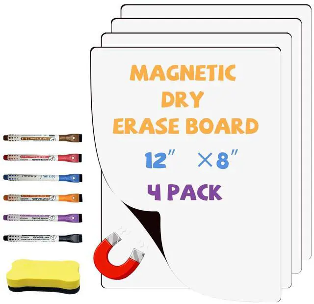 Main image of Magnetic Whiteboard for Fridge White Board 12"X8" 4 Pack Magnetic Dry Erase Board with 6 Markers & 1 Eraser Home Kitchen Blank Fridge Magnets Small Whiteboard for Organizer and Planner