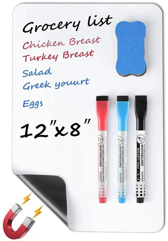 Main image of Small Magnetic Dry Erase Board Sheet for Refrigerator, Fridge Whiteboard for Kitchen, 12"x8" White Board Organizer and Planner with Stain Resistant Technology, Include 1 Eraser, 3 Markers