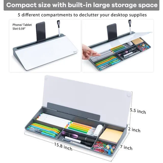 Alt view image 3 of 7 - Glass Desk Whiteboard with Storage, Desktop Organizer to-do List Memo Notepad Dry Erase White Board for Home Office and School Supplies (Gray)