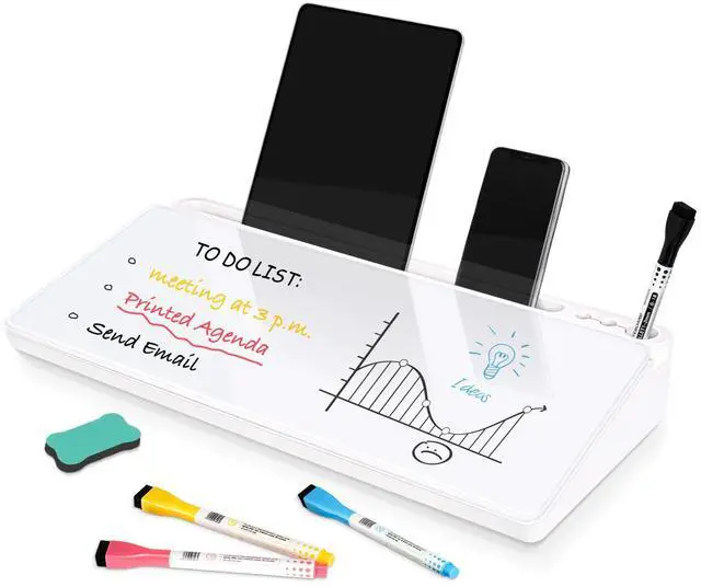 Main image of Glass Desk Whiteboard Small Dry Erase Board Desktop White Board with Storage Drawer Computer Keyboard Stand Desk Organizer Office Accessories Back to School Supplies with 4 Markers, White