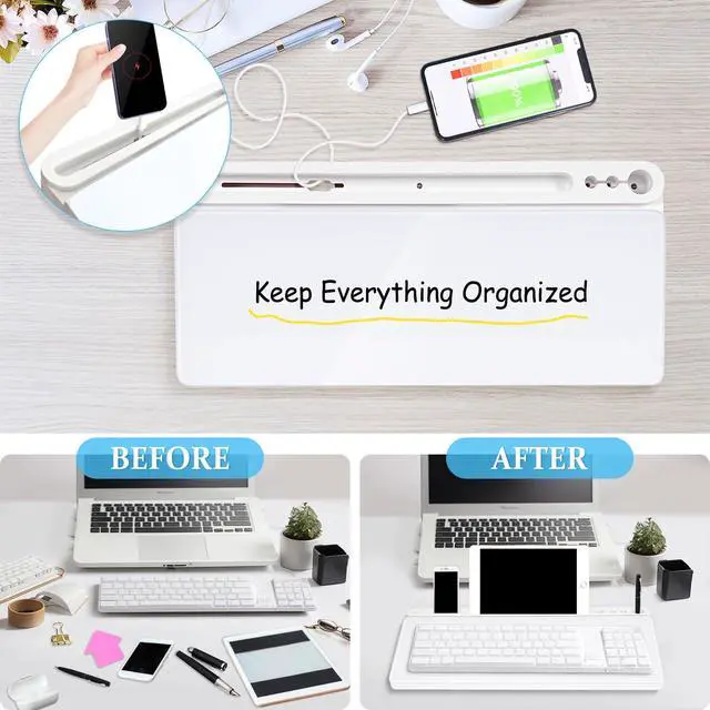 Alt view image 3 of 7 - Glass Desk Whiteboard Small Dry Erase Board Desktop White Board with Storage Drawer Computer Keyboard Stand Desk Organizer Office Accessories Back to School Supplies with 4 Markers, White