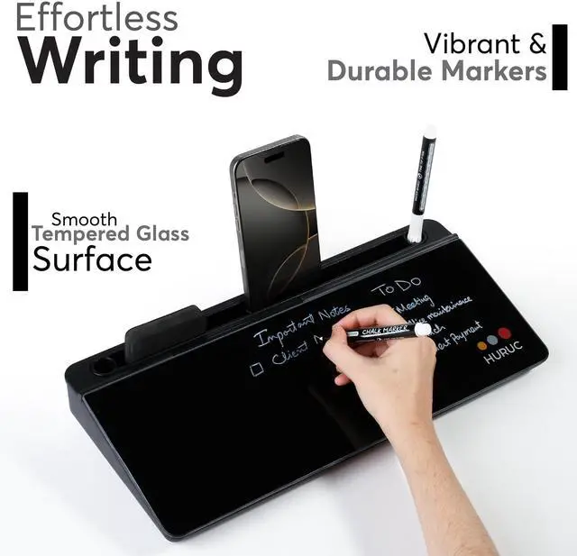 Alt view image 2 of 7 - Small Glass Desktop Whiteboard with Storage,15.3"x7.08"x2.16" inch Desktop Dry Erase Board with Markers & Duster, Desk White Board Buddy Organizer for Home, Office, School (Black)