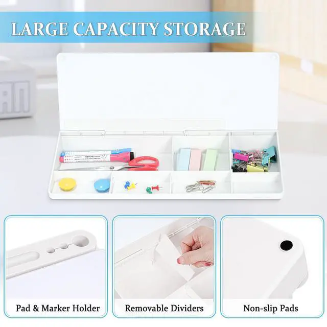 Alt view image 2 of 7 - Glass Desk Whiteboard Small Dry Erase Board Desktop White Board with Storage Drawer Computer Keyboard Stand Desk Organizer Office Accessories Back to School Supplies with 4 Markers, White