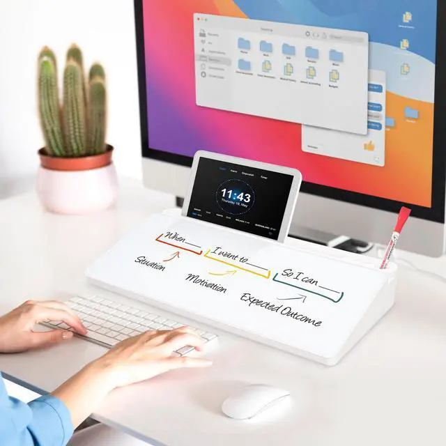 Alt view image 7 of 7 - Glass Desk Whiteboard Small Dry Erase Board Desktop White Board with Storage Drawer Computer Keyboard Stand Desk Organizer Office Accessories Back to School Supplies with 4 Markers, White