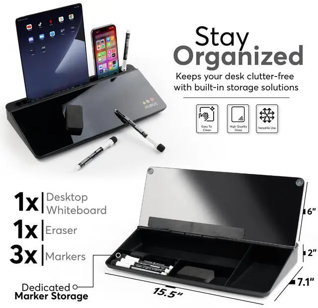 Alt view image 7 of 7 - Small Glass Desktop Whiteboard with Storage,15.3"x7.08"x2.16" inch Desktop Dry Erase Board with Markers & Duster, Desk White Board Buddy Organizer for Home, Office, School (Black)