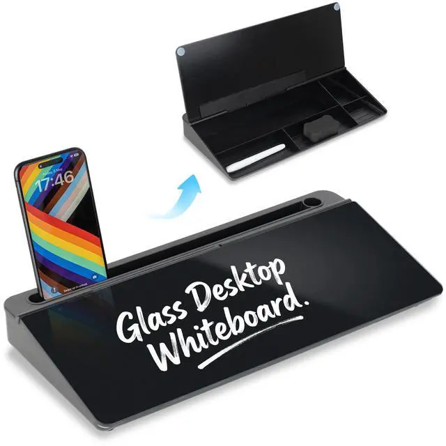 Main image of Glass Desktop Whiteboard 15.8×7, Dry Erase Note Memo Board, Desk Organizer with Storage for Office, Home, Study, Black