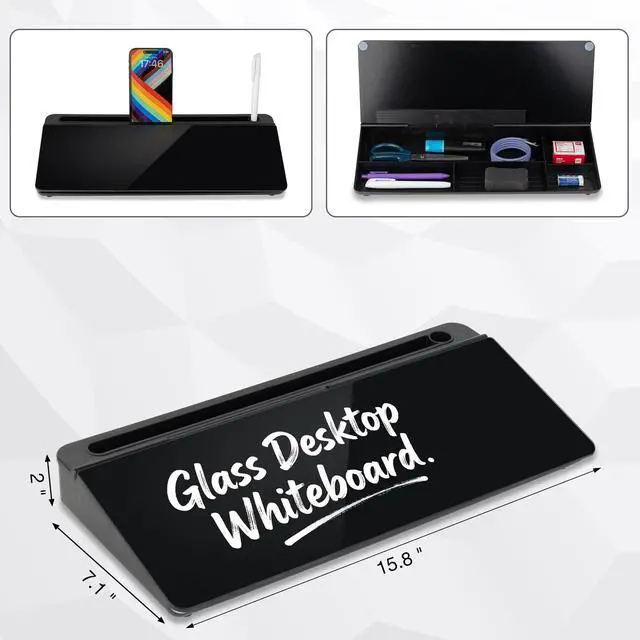 Alt view image 2 of 6 - Glass Desktop Whiteboard 15.8×7, Dry Erase Note Memo Board, Desk Organizer with Storage for Office, Home, Study, Black