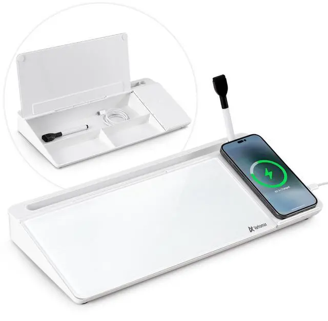 Main image of Glass Desk Whiteboard with Wireless Charger, Desktop Dry Erase White Board with Storage, to Do List Memo Notepad for Home and Office
