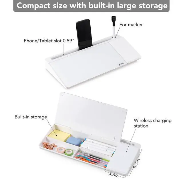Alt view image 6 of 7 - Glass Desk Whiteboard with Wireless Charger, Desktop Dry Erase White Board with Storage, to Do List Memo Notepad for Home and Office