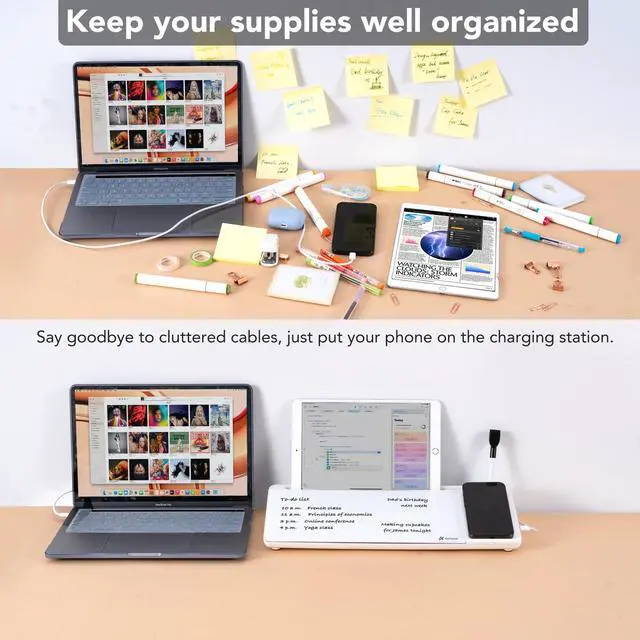 Alt view image 5 of 7 - Glass Desk Whiteboard with Wireless Charger, Desktop Dry Erase White Board with Storage, to Do List Memo Notepad for Home and Office