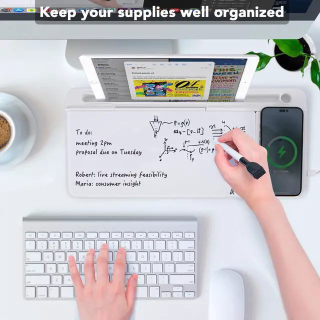 Alt view image 4 of 7 - Glass Desk Whiteboard with Wireless Charger, Desktop Dry Erase White Board with Storage, to Do List Memo Notepad for Home and Office