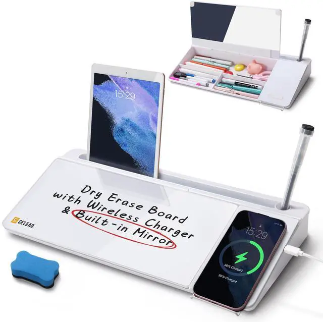 Main image of Desktop Glass Whiteboard with Wireless Charger Station & Built-in Mirror, Dry Erase Board Computer Pad Keyboard Stand with Organizer for Home, School, Office Desk Accessories, White