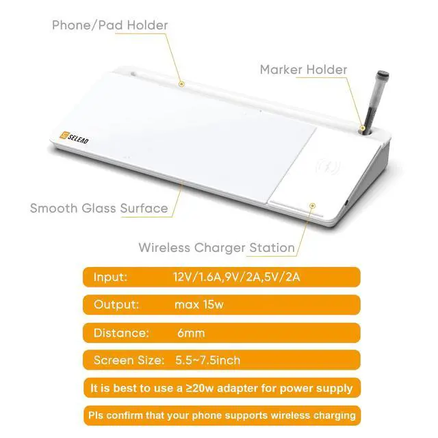 Alt view image 6 of 7 - Desktop Glass Whiteboard with Wireless Charger Station, Dry Erase Board Computer Pad Keyboard Stand with Organizer Drawer for Home, School, Office Desk Accessories, White