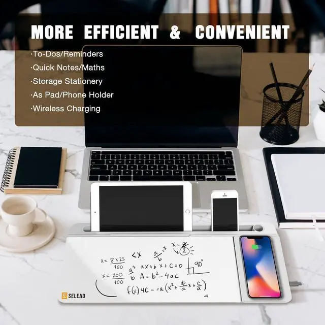 Alt view image 3 of 7 - Desktop Glass Whiteboard with Wireless Charger Station & Built-in Mirror, Dry Erase Board Computer Pad Keyboard Stand with Organizer for Home, School, Office Desk Accessories, White