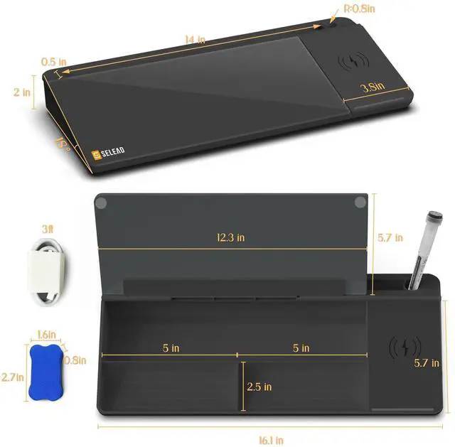 Alt view image 6 of 6 - Desktop Glass Whiteboard with Wireless Charger Station, Dry Erase Board Computer Pad Keyboard Stand with Organizer for Home, School, Office Desk Accessories, Black