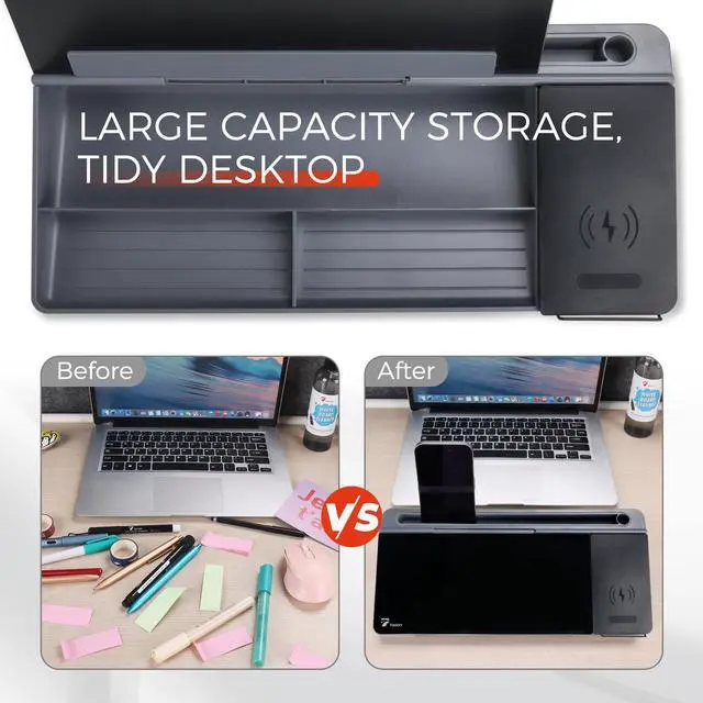 Alt view image 5 of 5 - Glass Desk Whiteboard with Wireless Charger, Desktop Dry Erase Board with Storage & Phone Stand Compact ~16 x 7 in, Black Includes Marker & Eraser, Tempered Glass, Rewrite Reusable