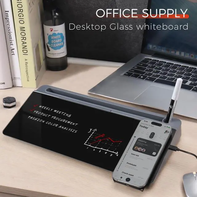 Alt view image 2 of 5 - Glass Desk Whiteboard with Wireless Charger, Desktop Dry Erase Board with Storage & Phone Stand Compact ~16 x 7 in, Black Includes Marker & Eraser, Tempered Glass, Rewrite Reusable