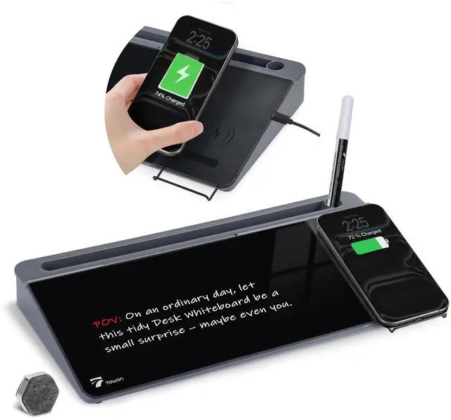 Main image of Glass Desk Whiteboard with Wireless Charger, Desktop Dry Erase Board with Storage & Phone Stand Compact ~16 x 7 in, Black Includes Marker & Eraser, Tempered Glass, Rewrite Reusable