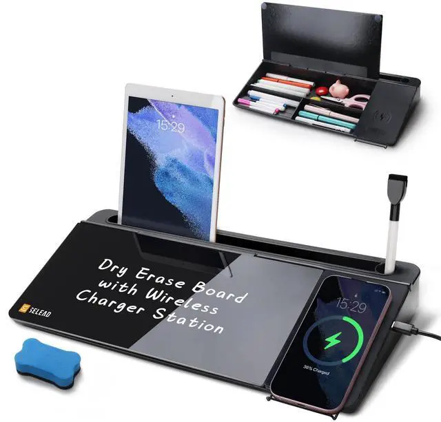 Main image of Desktop Glass Whiteboard with Wireless Charger Station, Dry Erase Board Computer Pad Keyboard Stand with Organizer for Home, School, Office Desk Accessories, Black