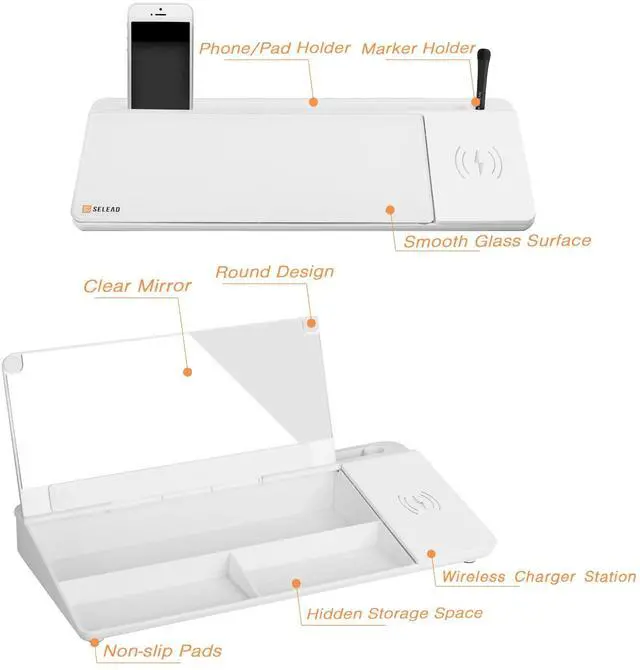 Alt view image 6 of 7 - Desktop Glass Whiteboard with Wireless Charger Station & Built-in Mirror, Dry Erase Board Computer Pad Keyboard Stand with Organizer for Home, School, Office Desk Accessories, White