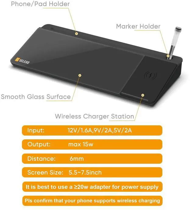 Alt view image 5 of 6 - Desktop Glass Whiteboard with Wireless Charger Station, Dry Erase Board Computer Pad Keyboard Stand with Organizer for Home, School, Office Desk Accessories, Black