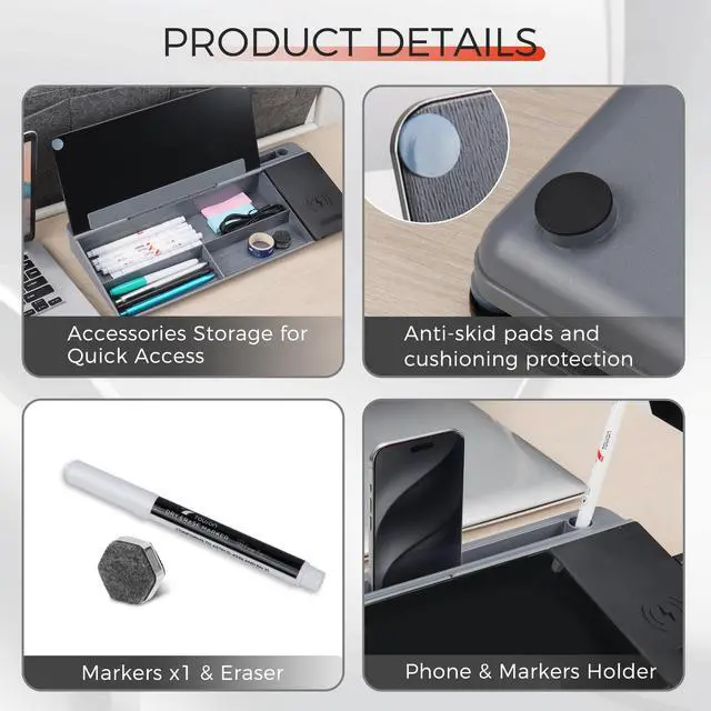 Alt view image 3 of 5 - Glass Desk Whiteboard with Wireless Charger, Desktop Dry Erase Board with Storage & Phone Stand Compact ~16 x 7 in, Black Includes Marker & Eraser, Tempered Glass, Rewrite Reusable