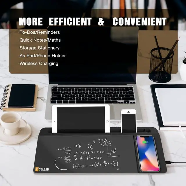 Alt view image 3 of 6 - Desktop Glass Whiteboard with Wireless Charger Station, Dry Erase Board Computer Pad Keyboard Stand with Organizer for Home, School, Office Desk Accessories, Black