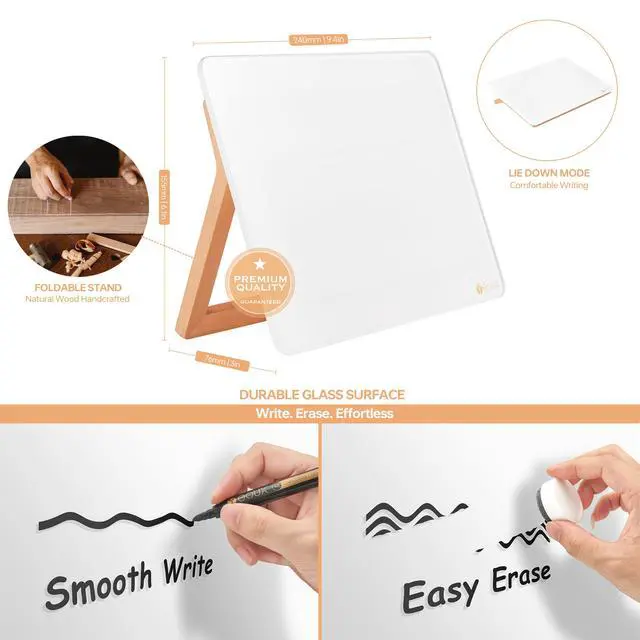 Alt view image 3 of 7 - Desktop Glass Whiteboard with Reversible Wood Stand 6.7"x9.5"
