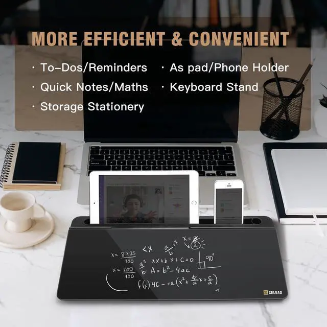 Alt view image 2 of 7 - Desktop Glass Whiteboard with Organizer, Markers, Eraser - Dry Erase Board Computer Pad Keyboard Stand with Drawer and Holder for Home, School, Office - Black