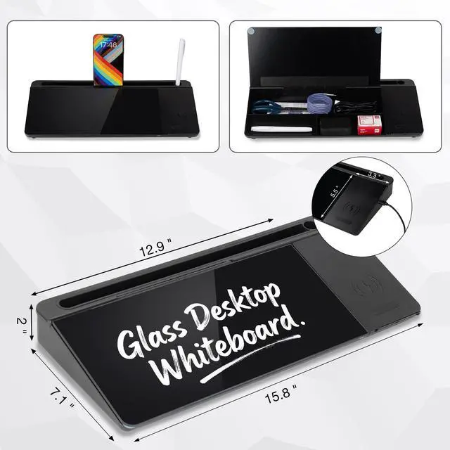 Alt view image 3 of 7 - Glass Desktop Whiteboard with Wireless Charger & Storage, Desk Dry Erase Note Memo Board, Compact Desk Organizer for Desk, Home, Study, Office, Back to School Supplies, Black, 2026