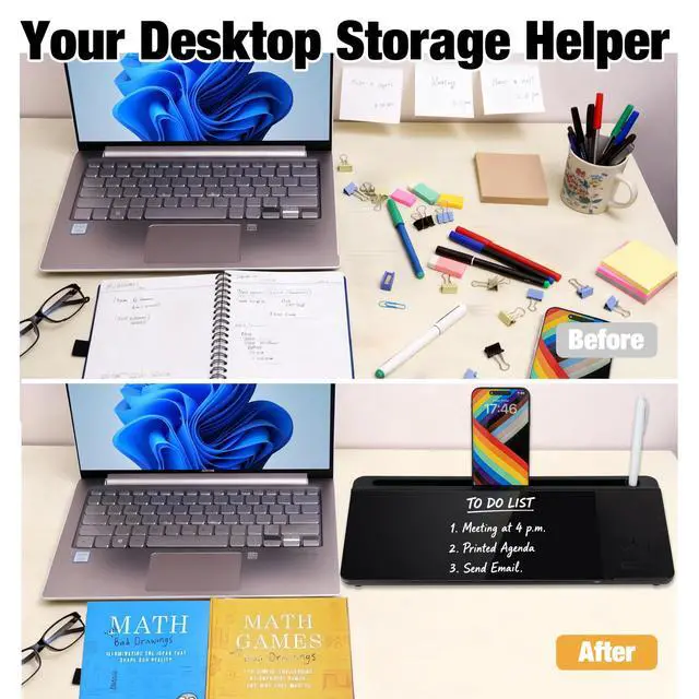 Alt view image 5 of 7 - Glass Desktop Whiteboard with Wireless Charger & Storage, Desk Dry Erase Note Memo Board, Compact Desk Organizer for Desk, Home, Study, Office, Back to School Supplies, Black, 2026