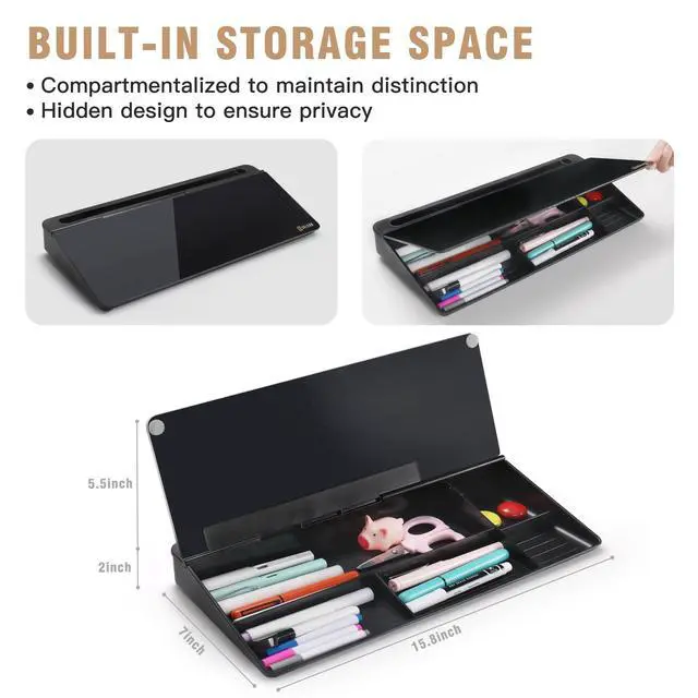 Alt view image 5 of 7 - Desktop Glass Whiteboard with Organizer, Markers, Eraser - Dry Erase Board Computer Pad Keyboard Stand with Drawer and Holder for Home, School, Office - Black
