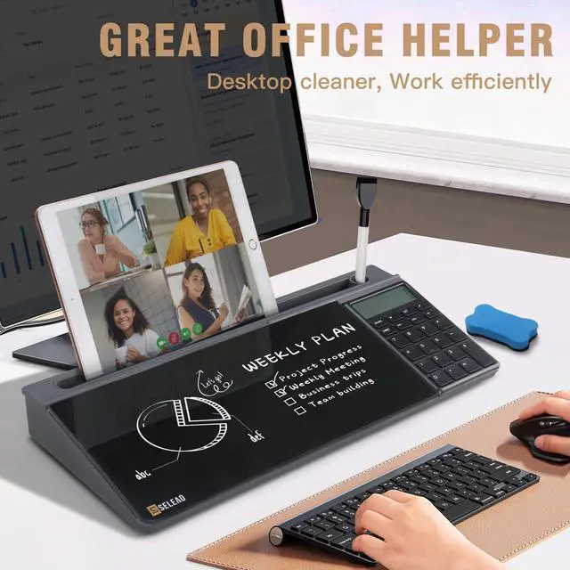 Alt view image 3 of 7 - Desktop Glass Whiteboard with Calculator, Organizer, Markers, Eraser, Holder - Black Dry Erase White Board Computer Pad Keyboard Stand for Home, School, Office Desk Cubicle Accessories