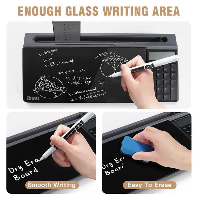 Alt view image 4 of 7 - Desktop Glass Whiteboard with Calculator, Organizer, Markers, Eraser, Holder - Black Dry Erase White Board Computer Pad Keyboard Stand for Home, School, Office Desk Cubicle Accessories