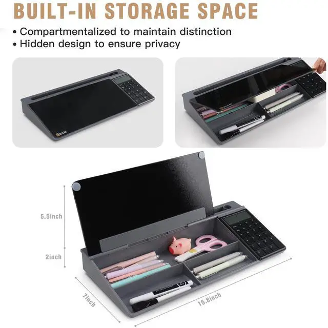 Alt view image 5 of 7 - Desktop Glass Whiteboard with Calculator, Organizer, Markers, Eraser, Holder - Black Dry Erase White Board Computer Pad Keyboard Stand for Home, School, Office Desk Cubicle Accessories
