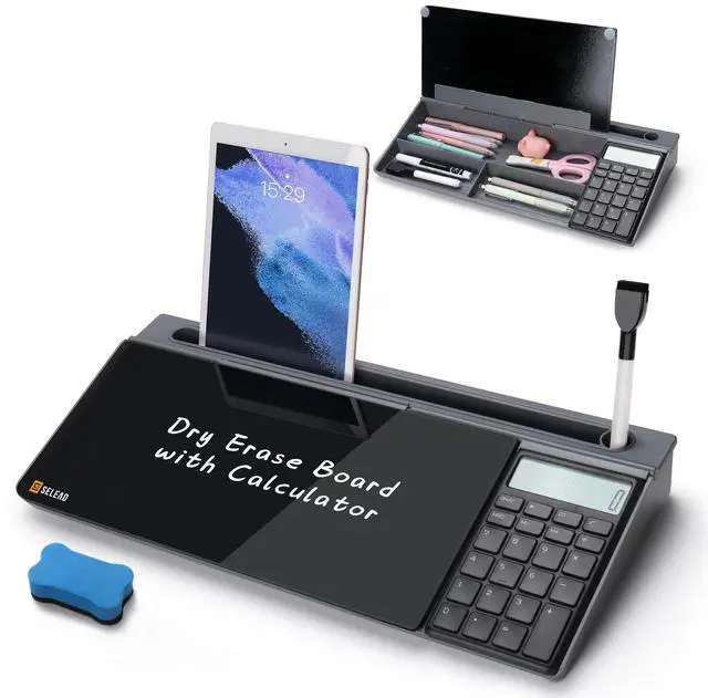 Main image of Desktop Glass Whiteboard with Calculator, Organizer, Markers, Eraser, Holder - Black Dry Erase White Board Computer Pad Keyboard Stand for Home, School, Office Desk Cubicle Accessories
