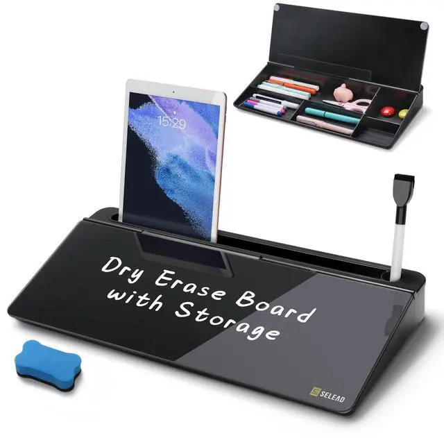 Main image of Desktop Glass Whiteboard with Organizer, Markers, Eraser - Dry Erase Board Computer Pad Keyboard Stand with Drawer and Holder for Home, School, Office - Black