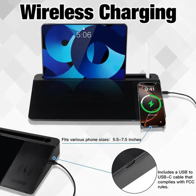 Alt view image 2 of 7 - Glass Desktop Whiteboard with Wireless Charger & Storage, Desk Dry Erase Note Memo Board, Compact Desk Organizer for Desk, Home, Study, Office, Back to School Supplies, Black, 2026