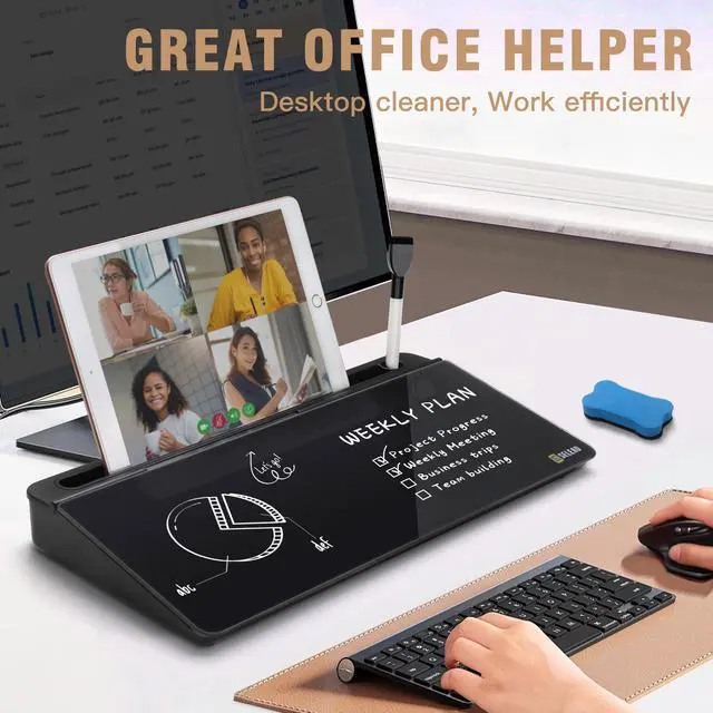 Alt view image 3 of 7 - Desktop Glass Whiteboard with Organizer, Markers, Eraser - Dry Erase Board Computer Pad Keyboard Stand with Drawer and Holder for Home, School, Office - Black