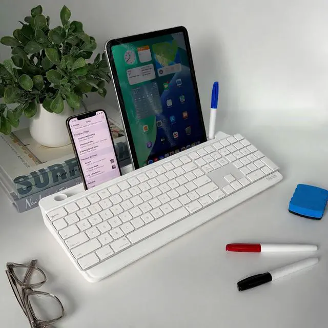 Alt view image 6 of 6 - Desktop Glass Whiteboard with Magnetic Weekly Calendar Dry Erase Board, Keyboard Stand, Hidden Storage, Adjustable Dividers, 3 Markers & Eraser Office, Home, School Cloud