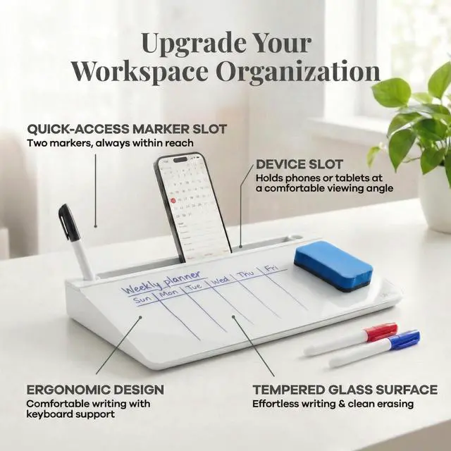 Alt view image 2 of 6 - Desktop Glass Whiteboard with Magnetic Weekly Calendar Dry Erase Board, Keyboard Stand, Hidden Storage, Adjustable Dividers, 3 Markers & Eraser Office, Home, School Cloud