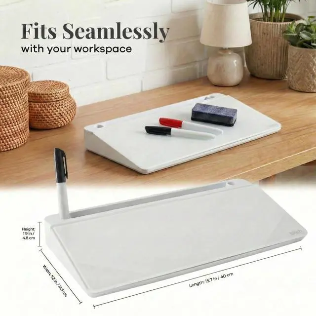 Alt view image 5 of 6 - Desktop Glass Whiteboard with Magnetic Weekly Calendar Dry Erase Board, Keyboard Stand, Hidden Storage, Adjustable Dividers, 3 Markers & Eraser Office, Home, School Cloud