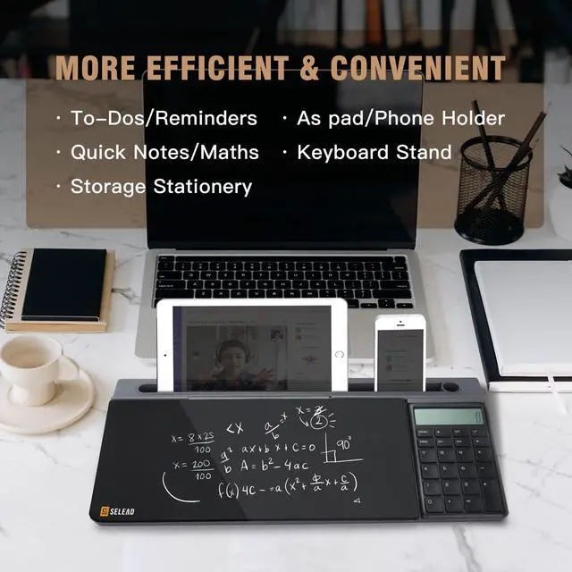 Alt view image 2 of 7 - Desktop Glass Whiteboard with Calculator, Organizer, Markers, Eraser, Holder - Black Dry Erase White Board Computer Pad Keyboard Stand for Home, School, Office Desk Cubicle Accessories