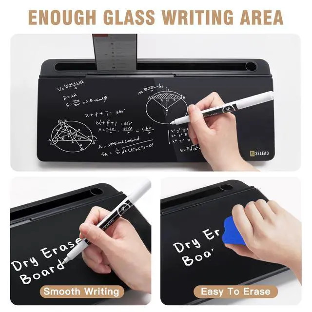 Alt view image 4 of 7 - Desktop Glass Whiteboard with Organizer, Markers, Eraser - Dry Erase Board Computer Pad Keyboard Stand with Drawer and Holder for Home, School, Office - Black