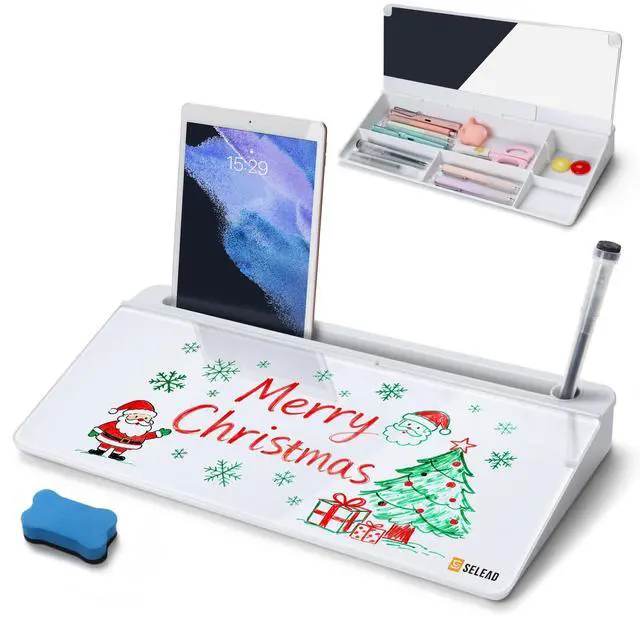 Main image of Desktop Glass Whiteboard with Organizer & Built-in Mirror, Small Dry Erase White Board Computer Pad Keyboard Stand for Home, School, Office Desk Accessories - White