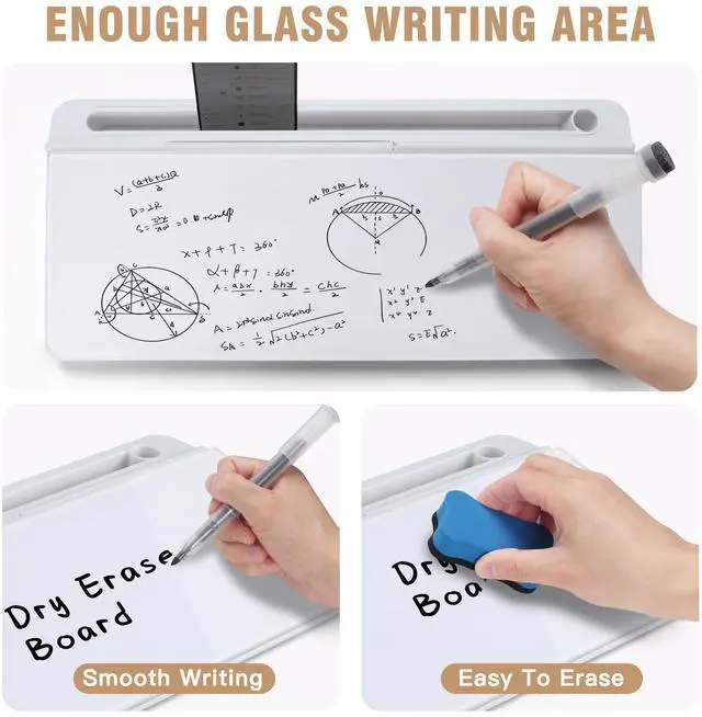Alt view image 4 of 7 - Desktop Glass Whiteboard with Organizer & Built-in Mirror, Small Dry Erase White Board Computer Pad Keyboard Stand for Home, School, Office Desk Accessories - White