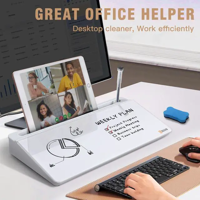 Alt view image 3 of 7 - Desktop Glass Whiteboard with Organizer & Built-in Mirror, Small Dry Erase White Board Computer Pad Keyboard Stand for Home, School, Office Desk Accessories - White