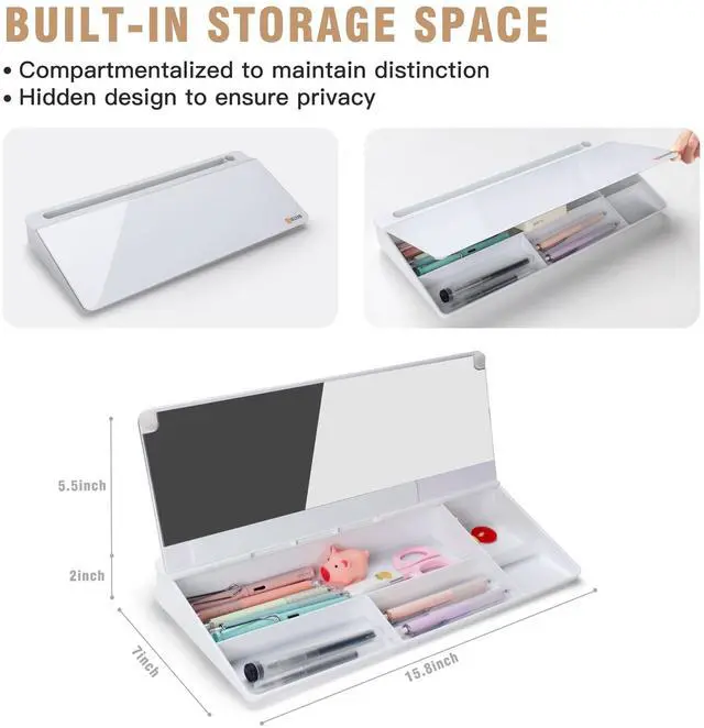 Alt view image 5 of 7 - Desktop Glass Whiteboard with Organizer & Built-in Mirror, Small Dry Erase White Board Computer Pad Keyboard Stand for Home, School, Office Desk Accessories - White