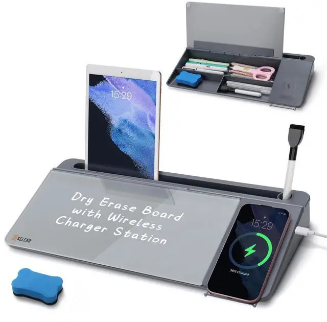 Main image of Desktop Glass Whiteboard with Wireless Charger Station, Dry Erase White Board Computer Pad Keyboard Stand with Organizer for Home, School, Office Desk Accessories, Gray